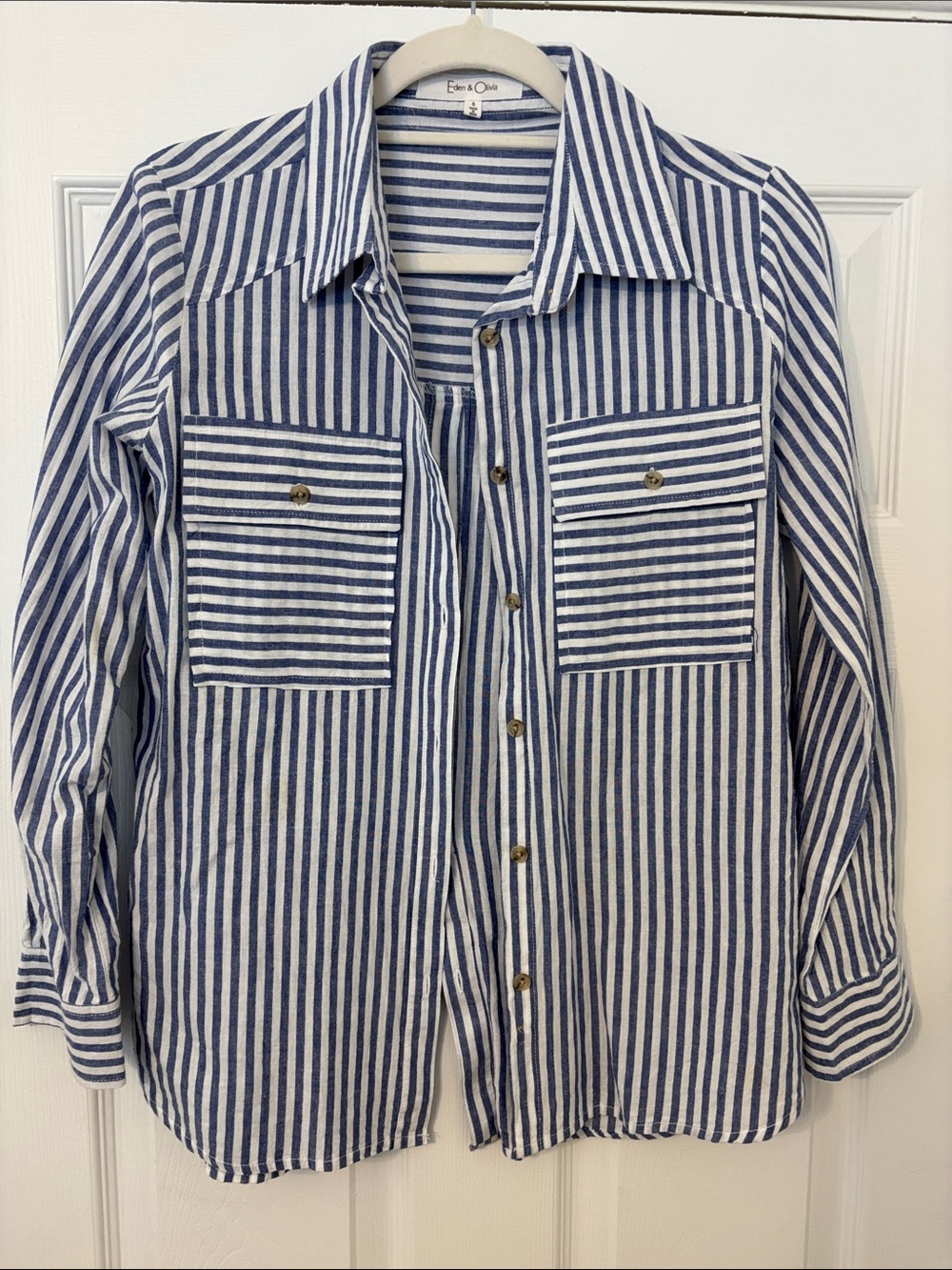 Eden & Olivia Navy and White Vertical Stripe Button-Down Shirt